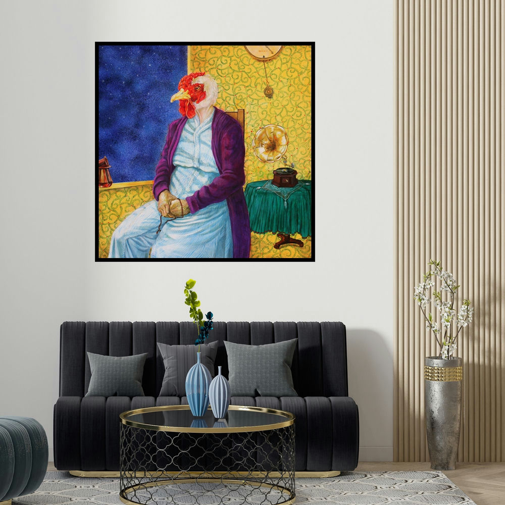 Minal Rajurkar's 'Ambiguity' painting visualized above a sofa in a contemporary room.