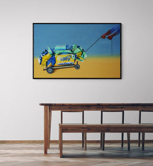 Preview of 'Ambition (Sweet Indulgence)' Painting by Subhendu Mishra shown on a wall in a furnished room.