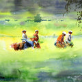 Among The Paddy Fields' landscape watercolor painting by artist Soven Roy, 14x20 inch, on paper