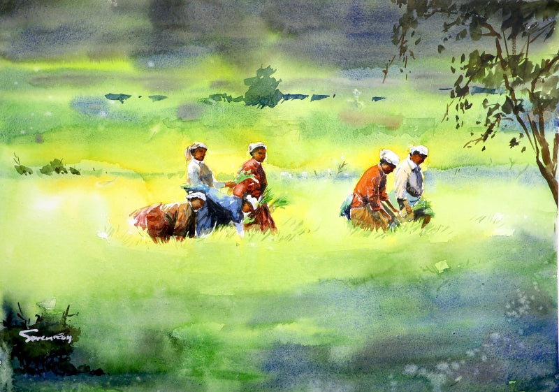 Among The Paddy Fields' landscape watercolor painting by artist Soven Roy, 14x20 inch, on paper