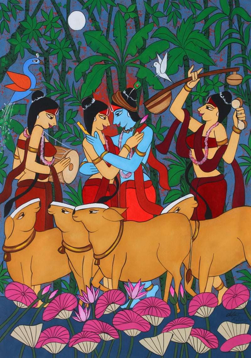 Amorous Night' religious acrylic painting by artist Chetan Katigar, 50x38 inch, on canvas