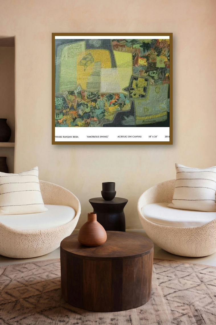 Amorous Swing (Enchanted Encounter: A Dance of Colors) by artist Pinaki Ranjan Bera displayed in a Minimalist gallery
