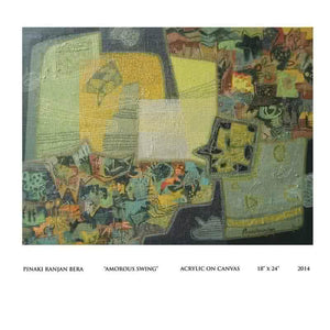 Amorous Swing (Enchanted Encounter: A Dance of Colors) by Pinaki Ranjan Bera, Original Acrylic Abstract Painting on Canvas, Small Horizontal Wall Art