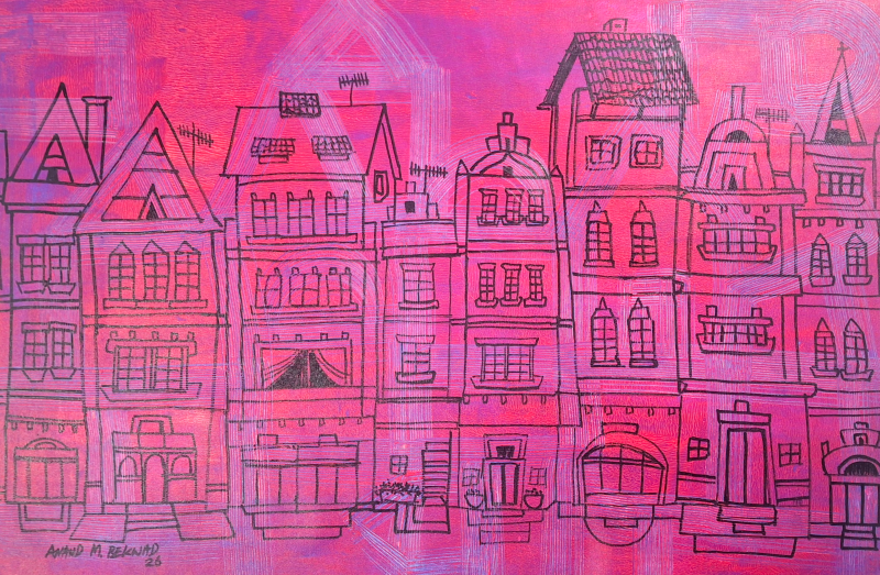 Amsterdam Homes Series 1' cityscape acrylic painting by artist Anand Bekwad, 24x36 inch, on canvas