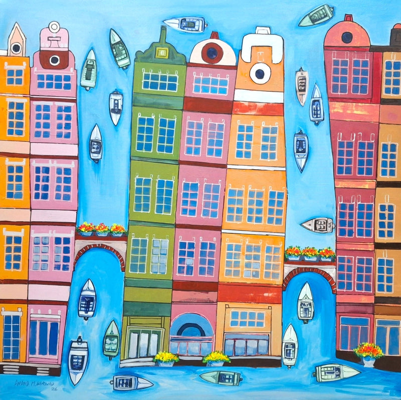 Amsterdam Homes Series 2' cityscape acrylic painting by artist Anand Bekwad, 48x48 inch, on canvas