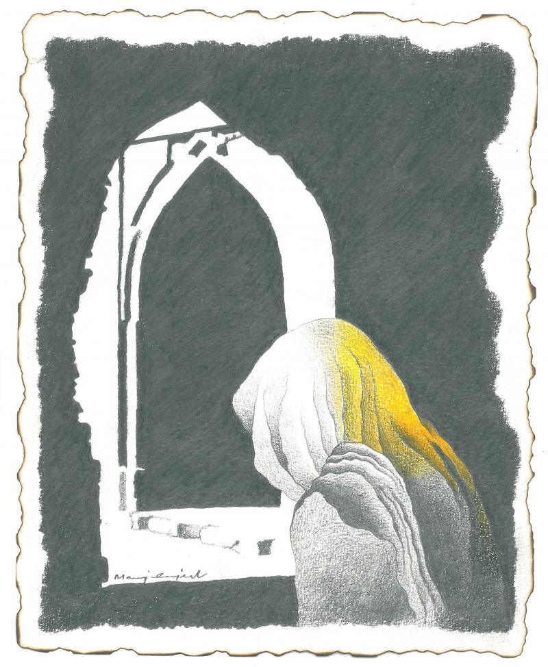 Figurative pencil drawing titled 'An arch and a women', 9x11 inches, by artist Manoj Gujral on Canvas