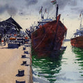 Seascape watercolor painting titled 'An Fish Market Bunder in Mangalore', 11x15 inches, by artist KS Farvez on Paper