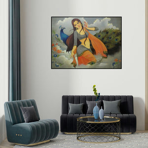 Renuka Fulsoundar's 'Anand (Beauty of India)' painting visualized above a sofa in a contemporary room.