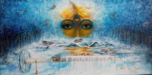 Anand Sagar (Cosmic Vision) by Rakhi Baid, Original Acrylic Religious Painting on Canvas, Large Horizontal Wall Art