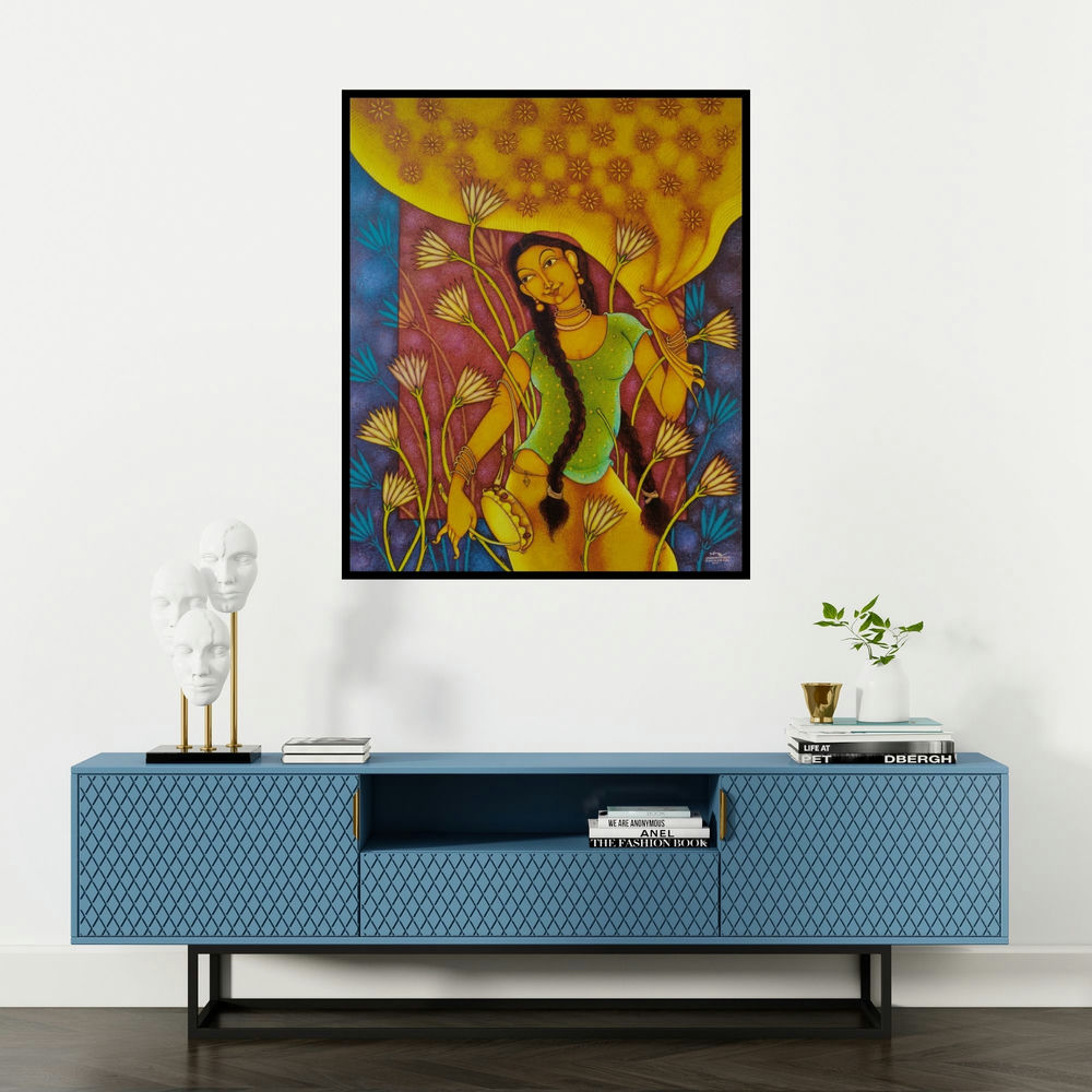 Manikandan Punnakkal's 'Anandini 2 (The Golden Maiden)' painting visualized above a sofa in a contemporary room.
