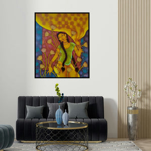 'Anandini 2 (The Golden Maiden)' painting by Manikandan Punnakkal shown on a wall in a furnished room.