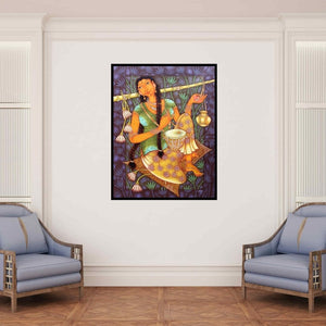 In-situ view of Manikandan Punnakkal's 'Anandini 2 (The Village Drummer)' painting in a room