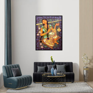Preview of 'Anandini 2 (The Village Drummer)' Painting by Manikandan Punnakkal shown on a wall in a furnished room.