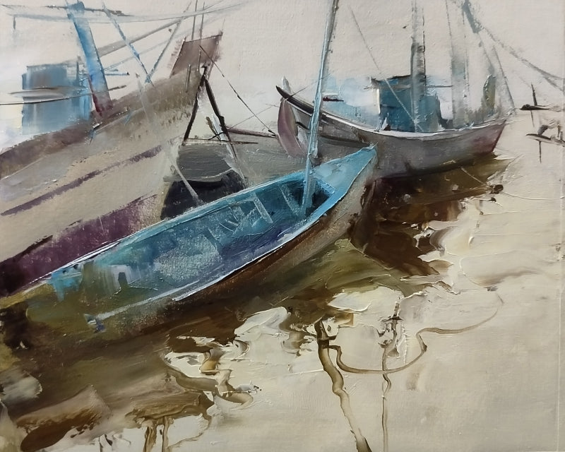 Anchored Dreams' seascape oil painting by artist Surabhi Gulwelkar, 8x10 inch, on linen