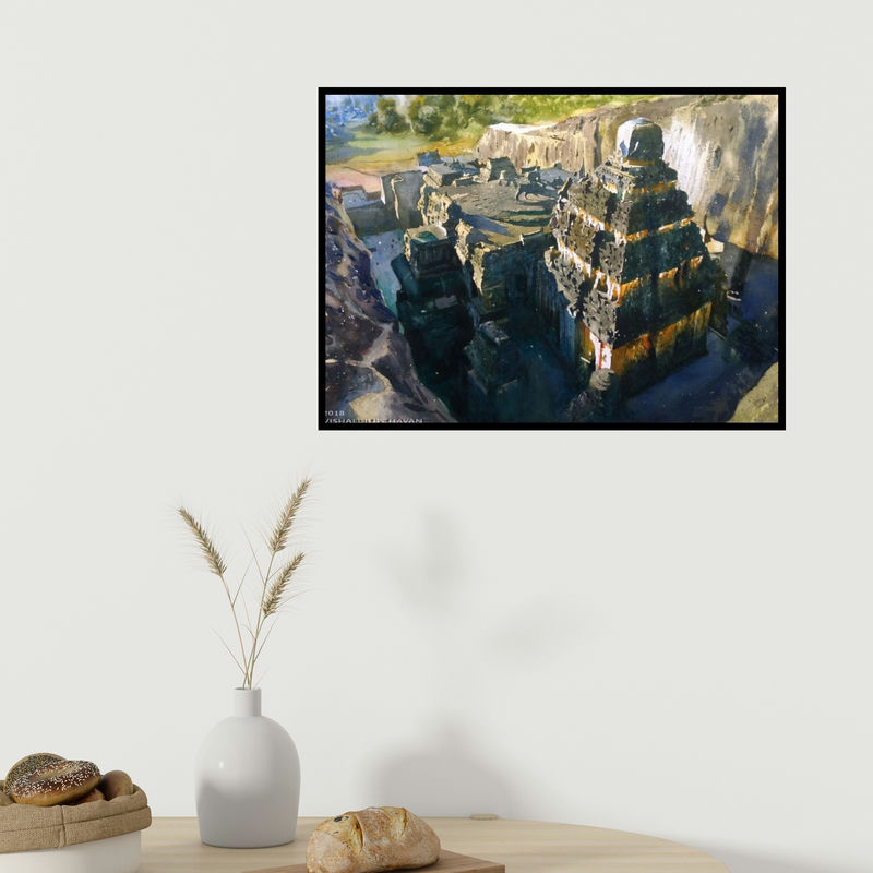 In-situ view of Vishal Chavan's 'Ancient Beauty Kailash Temple' painting in a room