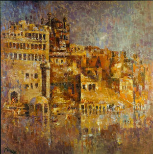 Impressionist oil painting titled 'Ancient Castle I', 36x36 inches, by artist Upendra Nayak on Canvas