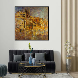 Upendra Nayak's 'Ancient Castle I (Citadel of Time)' painting visualized above a sofa in a contemporary room.