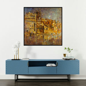 'Ancient Castle I (Citadel of Time)' painting by Upendra Nayak shown on a wall in a furnished room.