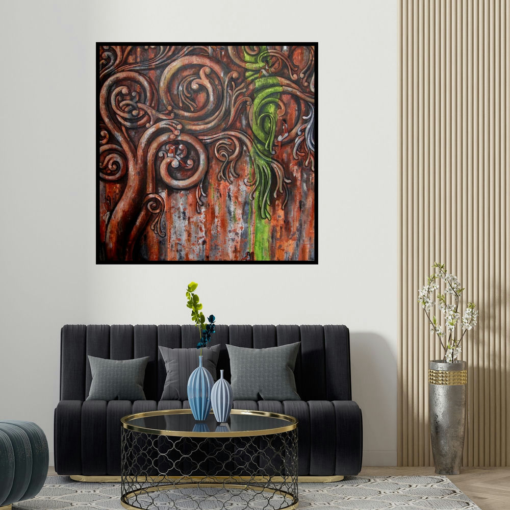 Suruchi Jamkar's 'Ancient Design Ii' painting visualized above a sofa in a contemporary room.