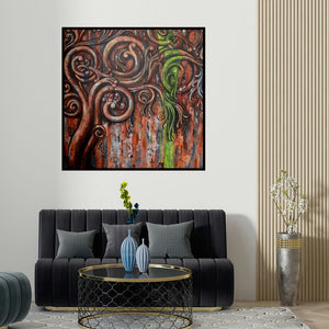 Suruchi Jamkar's 'Ancient Design Ii' painting visualized above a sofa in a contemporary room.