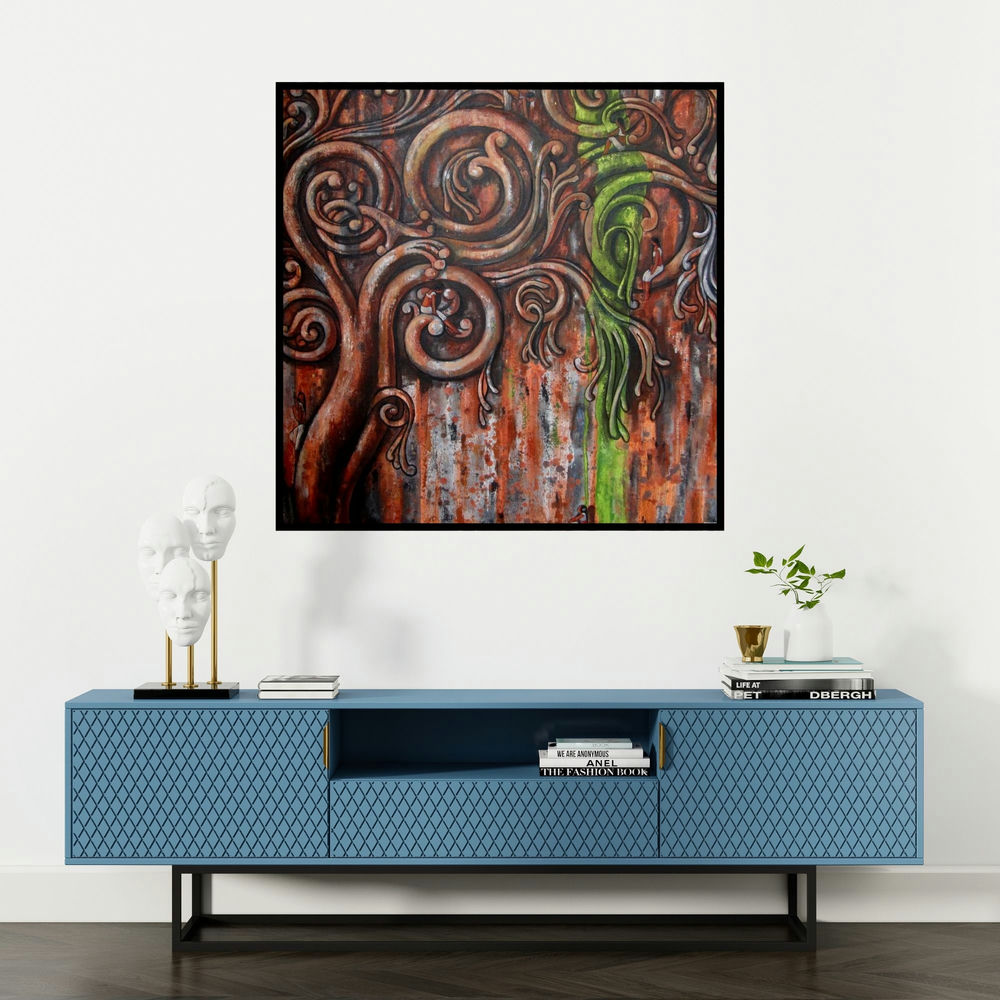 'Ancient Design Ii' painting by Suruchi Jamkar shown on a wall in a furnished room.