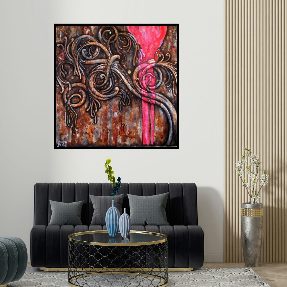 Suruchi Jamkar's 'Ancient Design' painting visualized above a sofa in a contemporary room.