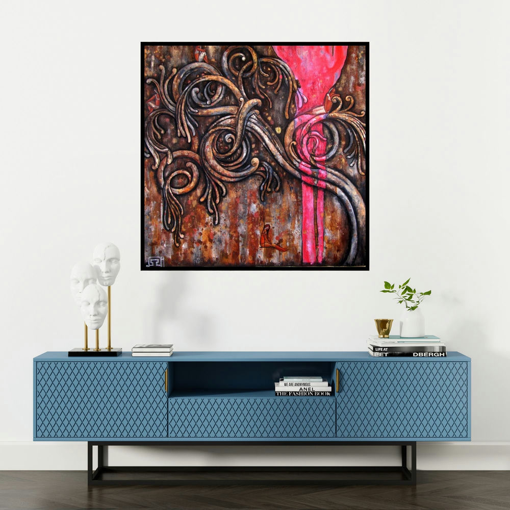 'Ancient Design' painting by Suruchi Jamkar shown on a wall in a furnished room.