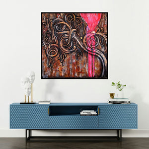 'Ancient Design' painting by Suruchi Jamkar shown on a wall in a furnished room.