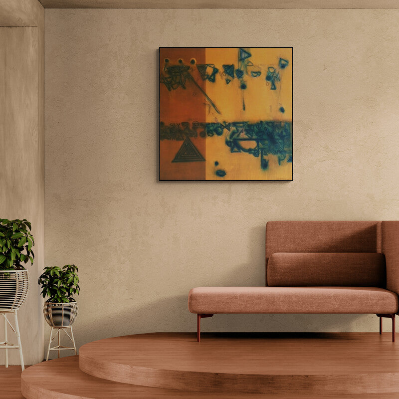Preview of 'Ancient Feelings (The Cosmic Dance)' Painting by Kaushlendra Pratap Singh shown on a wall in a furnished room.