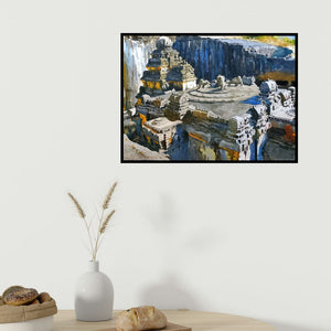 In-situ view of Vishal Chavan's 'Ancient Mystery Kailash Temple' painting in a room