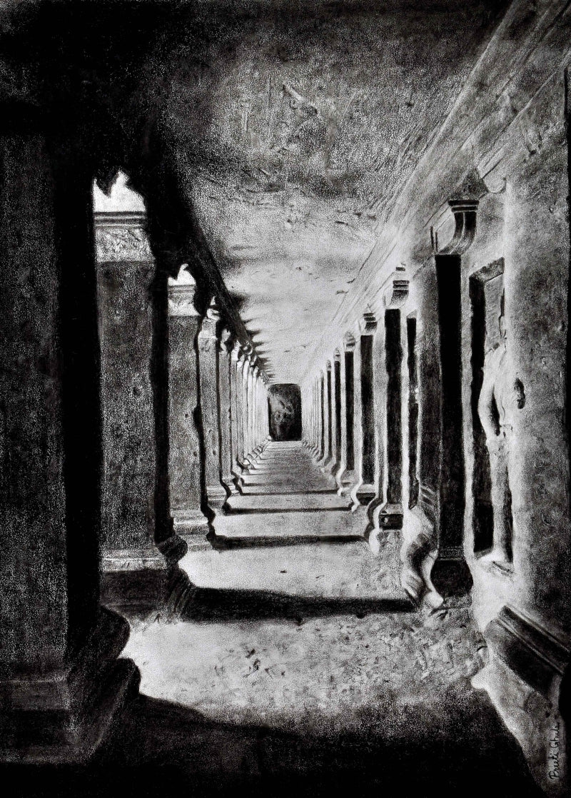 Ancient Pillar' religious charcoal drawing by artist Preeti Ghule, 26x20 inch, on paper