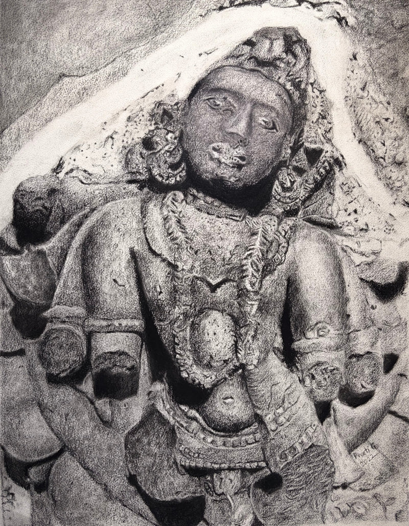 Ancient Relic 10' religious charcoal drawing by artist Preeti Ghule, 26x20 inch, on paper