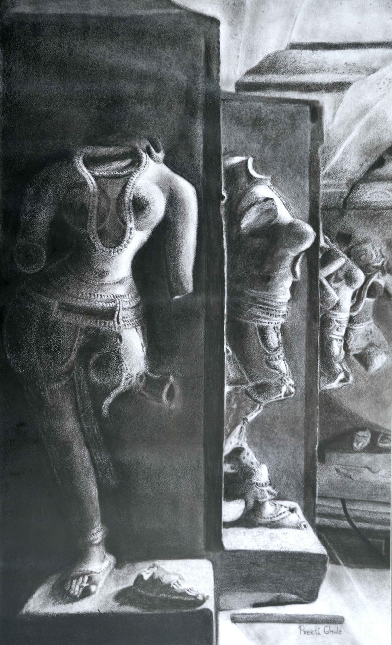 Ancient Relic 5' religious charcoal drawing by artist Preeti Ghule, 27x17 inch, on paper