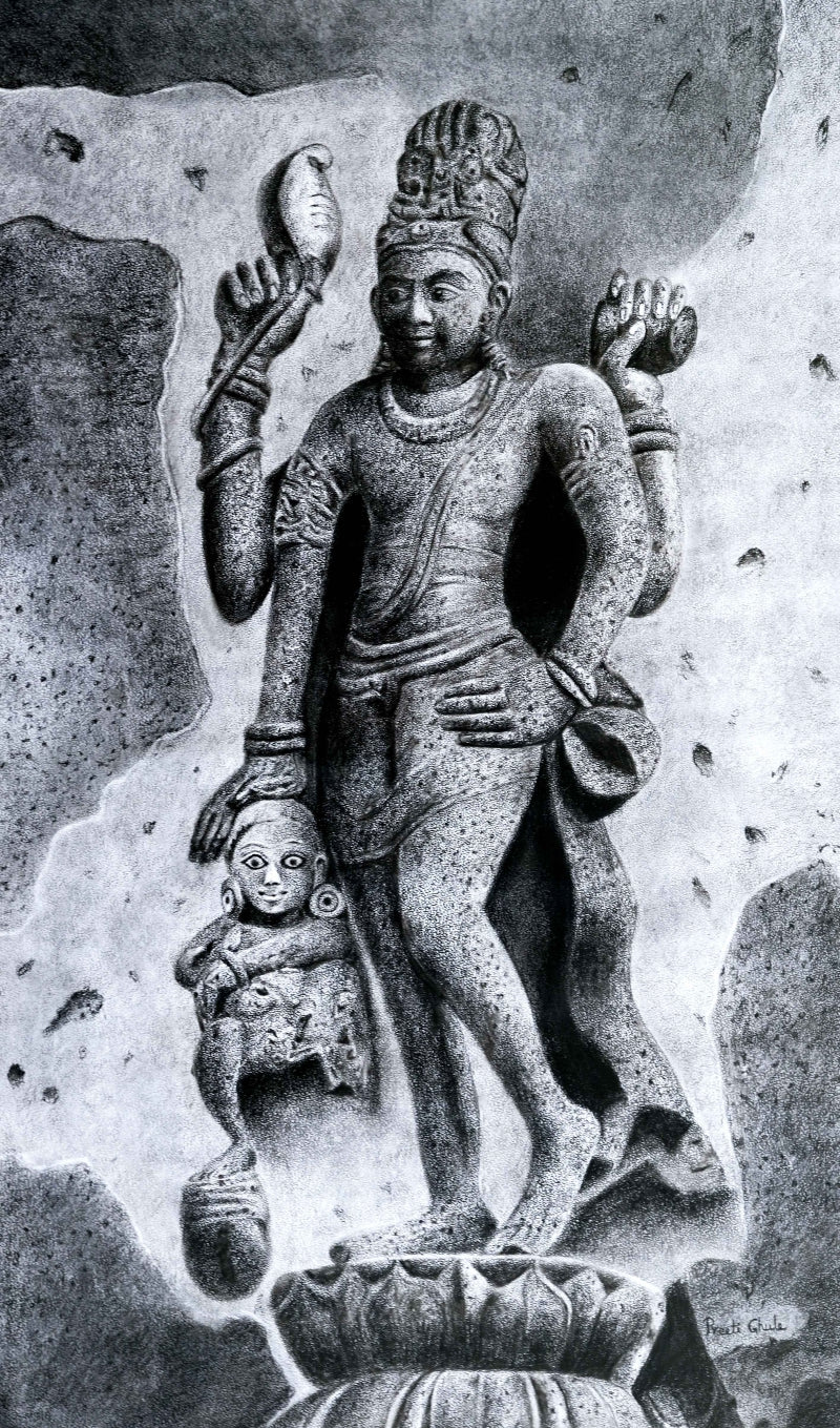 Ancient Relic 7' religious charcoal drawing by artist Preeti Ghule, 29x18 inch, on paper