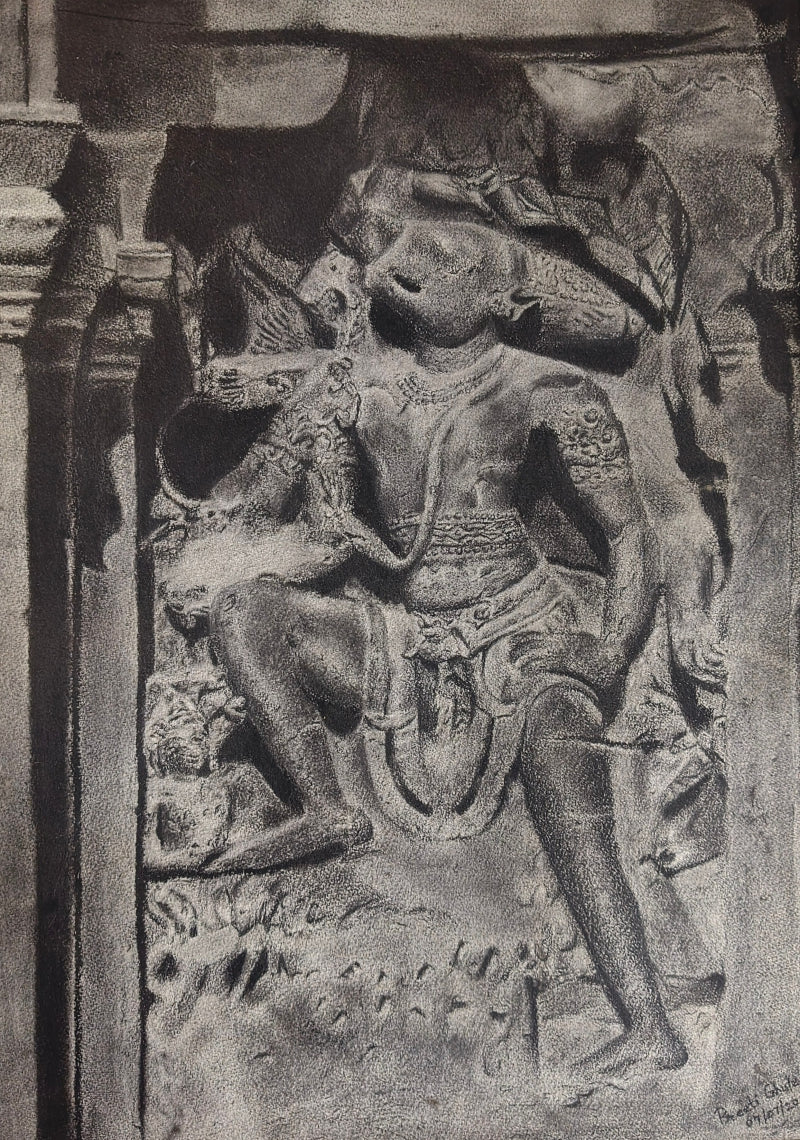 Ancient Relic 9' religious charcoal drawing by artist Preeti Ghule, 27x19 inch, on paper