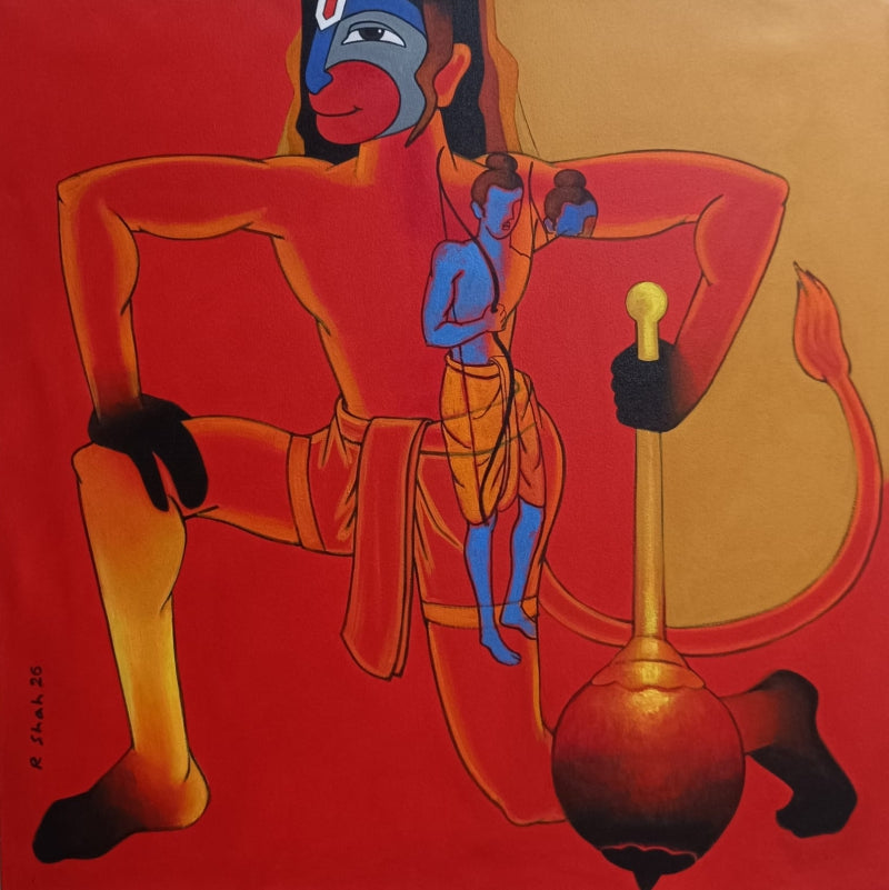 Angad' religious acrylic painting by artist Rajesh Shah, 36x36 inch, on canvas