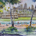 Landscape watercolor painting titled 'Angkor Wat Cambodia', 15x11 inches, by artist Vivekanand Viswam on Paper
