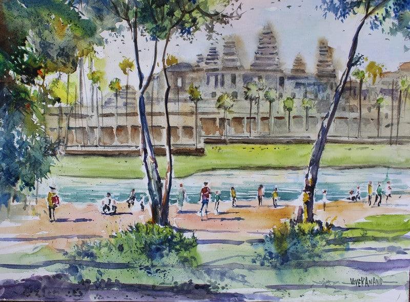 Landscape watercolor painting titled 'Angkor Wat Cambodia', 15x11 inches, by artist Vivekanand Viswam on Paper