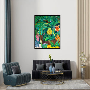 Preview of 'Flora And Fauna (A Deer in Paradise)' Painting by Murali Nagapuzha shown on a wall in a furnished room.