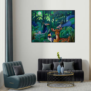 Murali Nagapuzha's 'Animals 2 (Jungle Encounter)' painting visualized above a sofa in a contemporary room.
