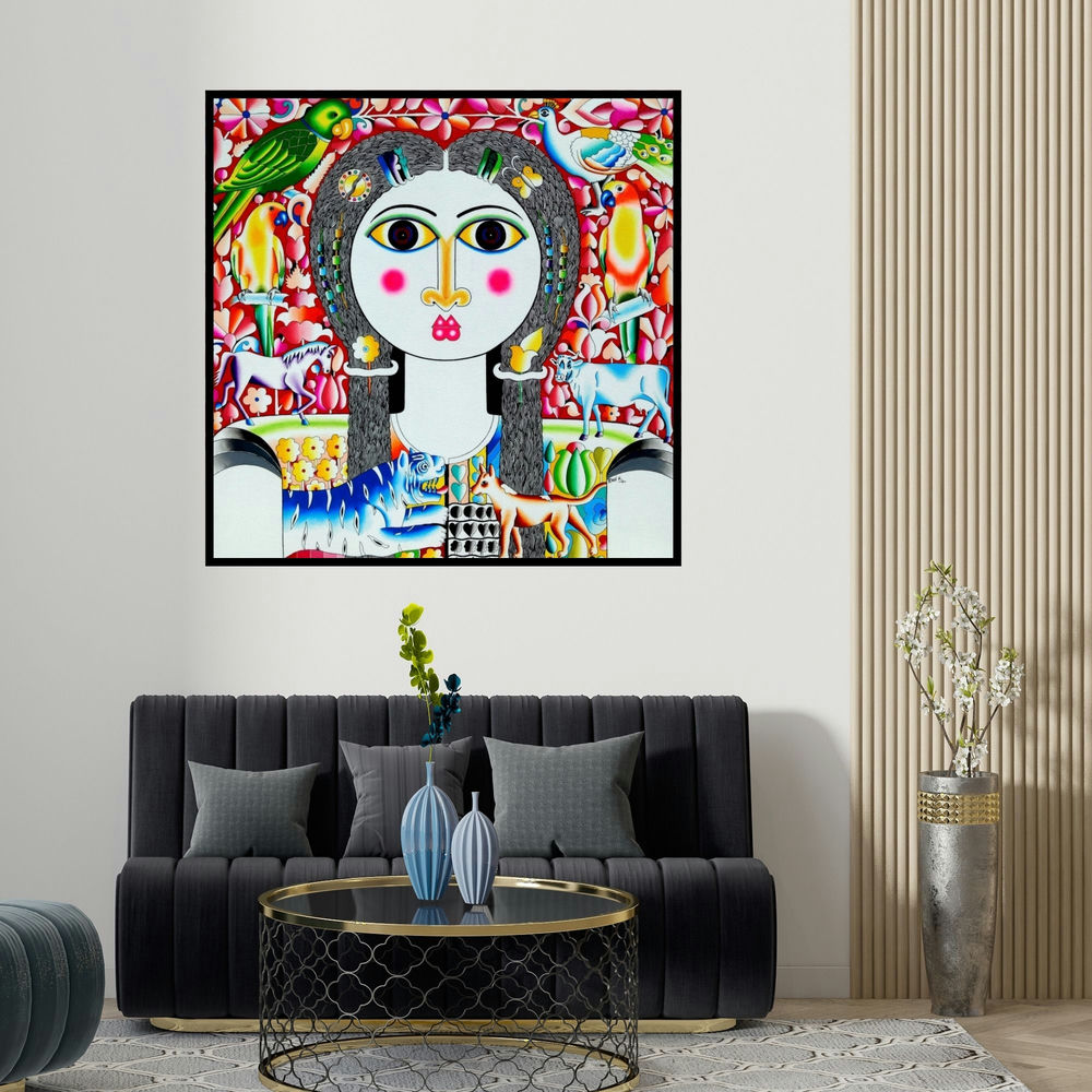 Ravi Kattakuri's 'Animals And Pretty Girl (Harmony in Nature)' painting visualized above a sofa in a contemporary room.