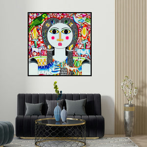 Ravi Kattakuri's 'Animals And Pretty Girl (Harmony in Nature)' painting visualized above a sofa in a contemporary room.