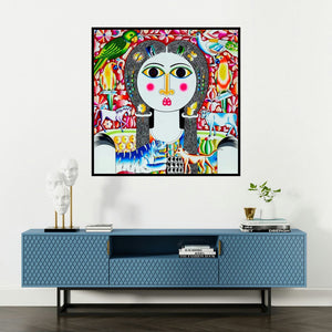 'Animals And Pretty Girl (Harmony in Nature)' painting by Ravi Kattakuri shown on a wall in a furnished room.