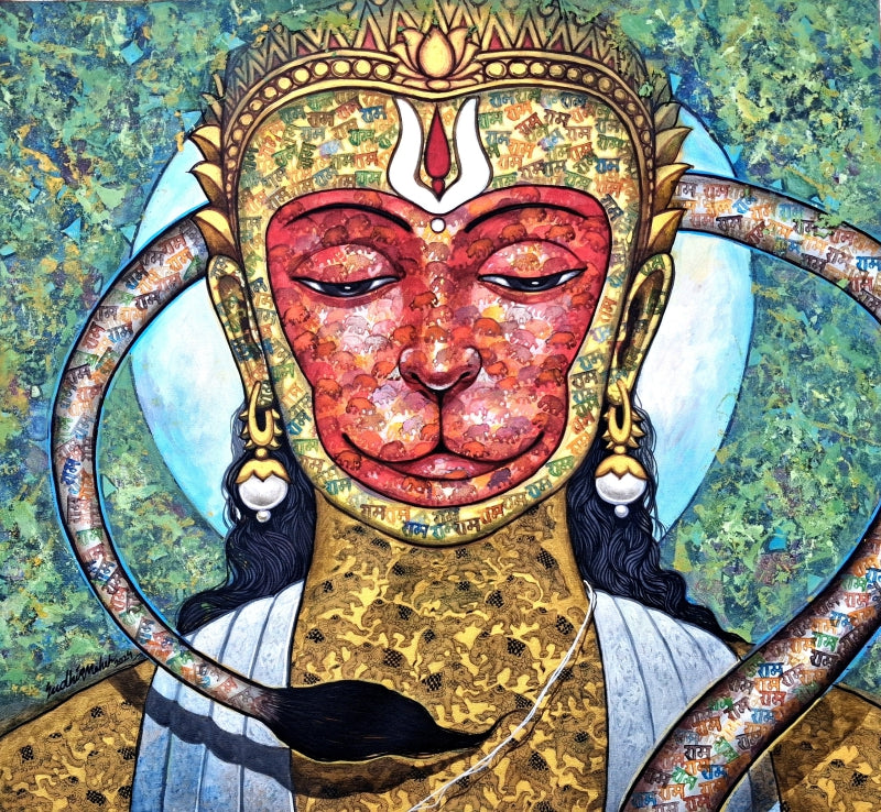 'Anjaneya' religious acrylic painting by artist Sudhir Meher, 30x33 inch, on canvas