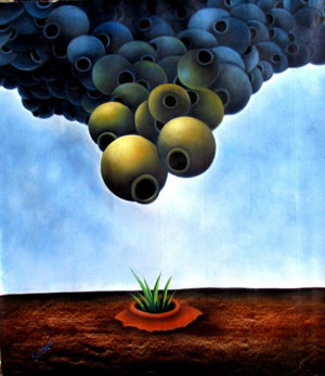 Ankur Ii (Sprouting Hope) by Ranchhor Meghwal, Original Oil Pots/Vessels Painting on Canvas, Medium Vertical Wall Art