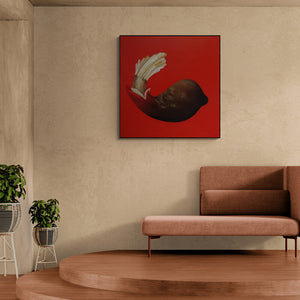 Uday Goswami's painting 'Ankuran 4 (Crimson Bloom)' displayed in a modern living room setting