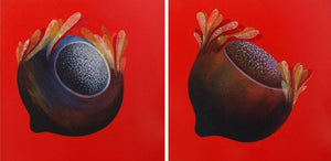 Ankuran 5 (Twin Seeds) by Uday Goswami, Original Mixed Media Abstract Painting on Canvas, Large Horizontal Wall Art