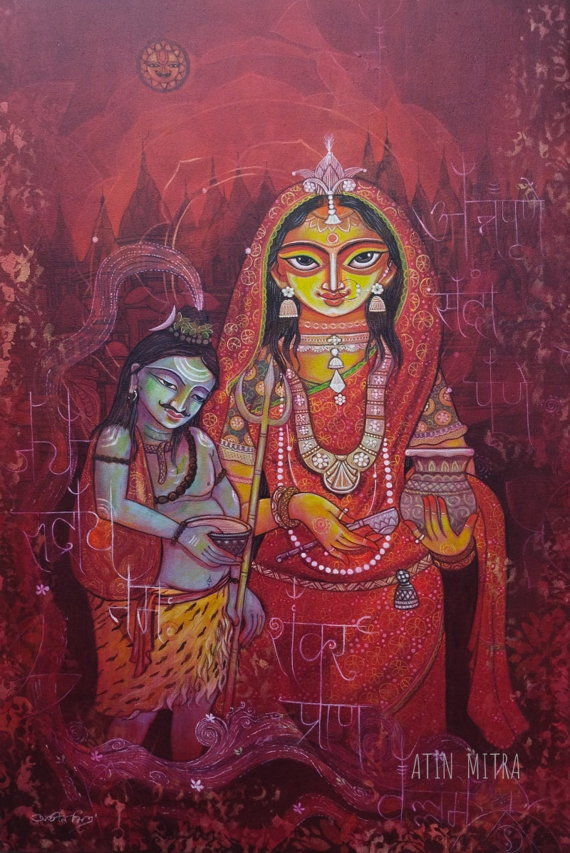 Annapurana' religious acrylic painting by artist Atin Mitra, 36x24 inch, on canvas