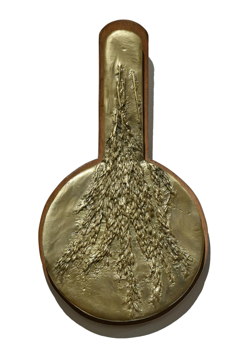 Annapurna' contemporary Brass, Wood sculpture by artist Rajeev Ranjan, 14x8 inch, on brass, wood