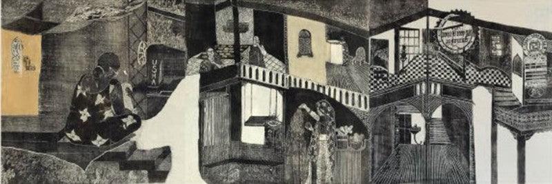 Figurative printmaking titled 'Antarmahal', 48x144 inches, by artist Jayeeta Chatterjee on Canvas